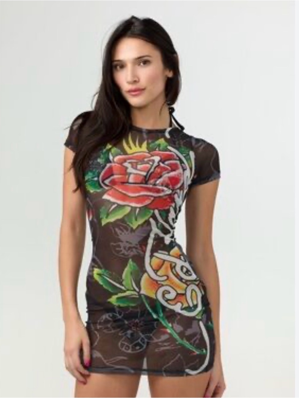 Ed Hardy Mesh Mini Dress small black coverup tattoo Print Skull Rose Y2K Bodycon